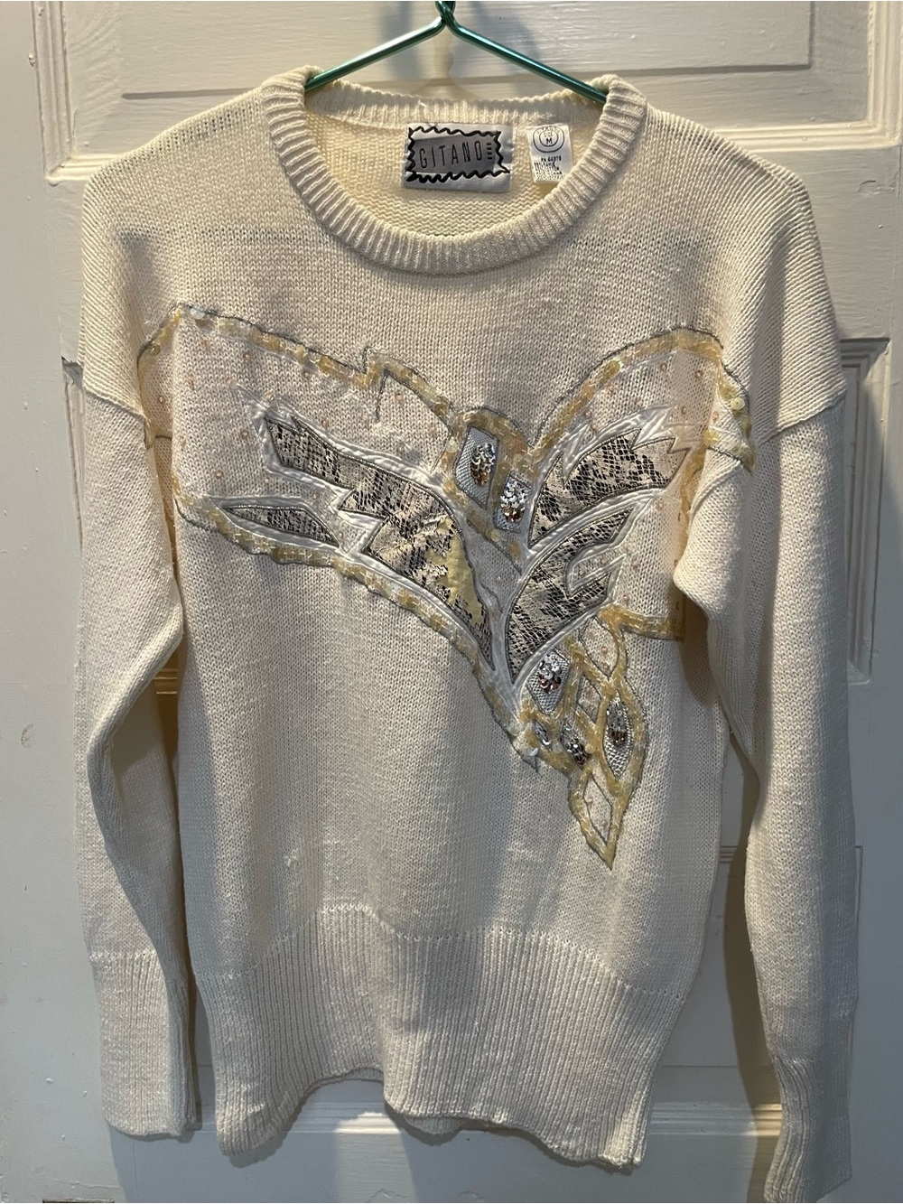 Gitano Cream Embellished Crewneck Sweater with Metallic Accents